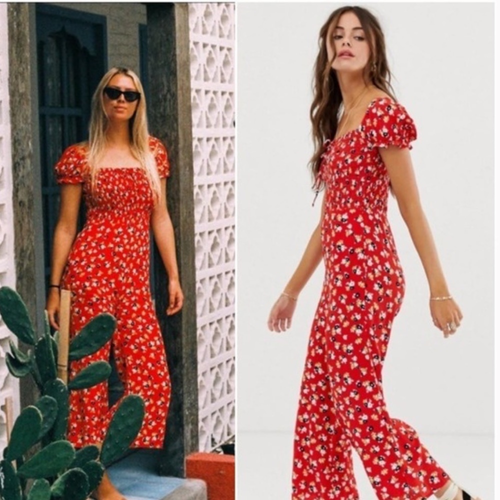 Faithfull the Brand Anthropologie Della Smocked Jumpsuit Jasmine Floral Red, XS
